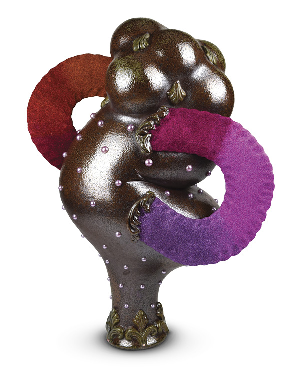 2 Jessika Edgar’s Flamenco Dancer, 21 in. (53.3 cm) in height, handbuilt red stoneware, fired to cone 10 in a soda kiln, glitter, Mod Podge, acrylic pearls, Preciosa crystals, 2025.