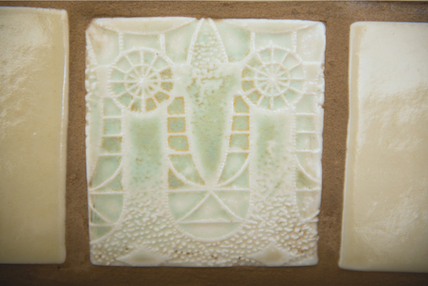 Fireplace detail, 5 in. (13 cm) in height, hand-pressed porcelain tiles, glaze, fired in an electric kiln to cone 10, grout, 2016. Photos: Mathew Adams.