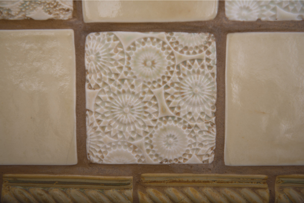 Fireplace detail, Jazz tile, 5 in. (13 cm) in height, hand-pressed porcelain tiles, fired in an electric kiln to cone 10, grout, 2016. Photos: Mathew Adams.