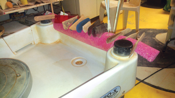 Sheryl Taylor’s pool-noodle tool organizer attached to her wheel.