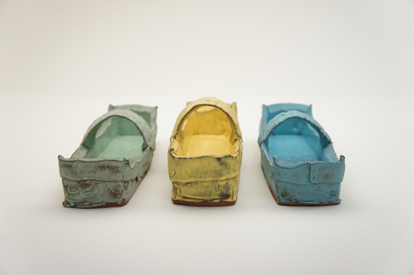 Sunshine Cobb’s Traskets, to 14 in. (36 cm) in length, handbuilt mid-range red clay, glaze, fired to cone 3.