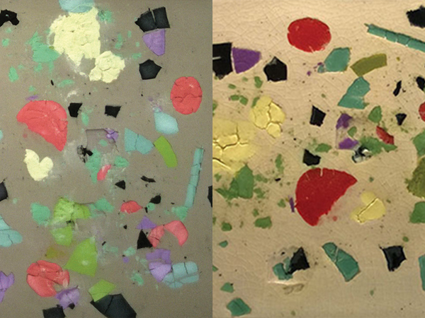 3 Left: Underglaze chips on leather-hard clay. Right: Fired to cone 04 with clear glaze.