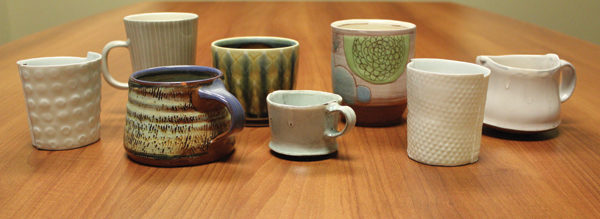 Cups and mugs from the editorial staff’s collections by artists participating in TPP’s Urban Pottery Tour in Philadelphia, Pennsylvania, later this month. For more information, see page 32. From left to right: Bryan Hopkins, Hiroe Hanazono, Lisa Naples, Ryan J. Greenheck, Birdie Boone, Kari Radasch, Bryan Hopkins, and Birdie Boone. Photo: Forrest Sincoff Gard.