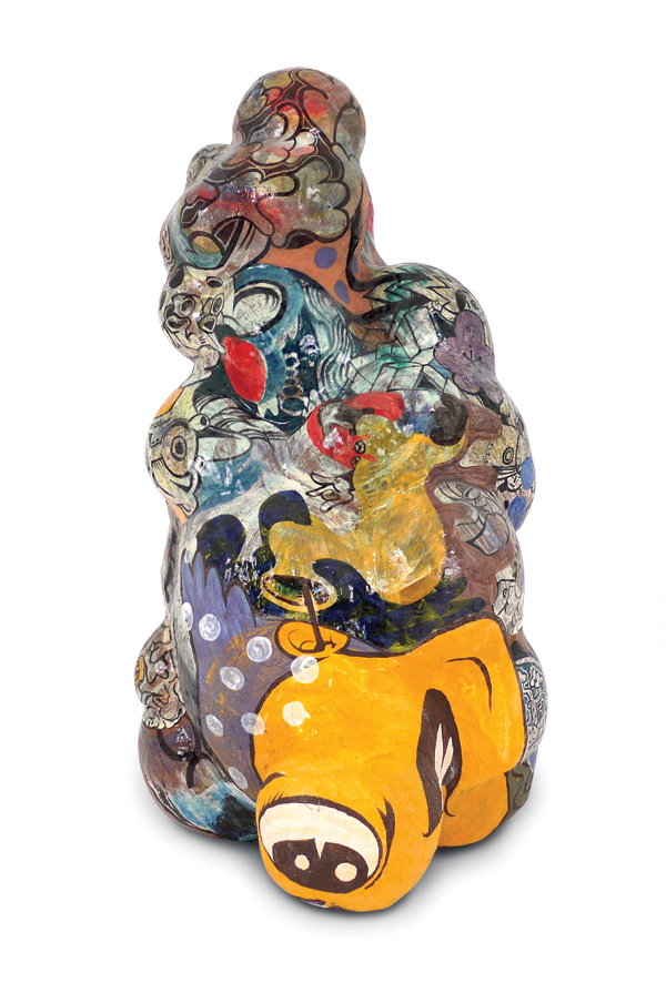 En Iwamura’s Dear My Heroes, 3 ft. 8 in. (1 m) in height, terra cotta, underglaze, 2015.