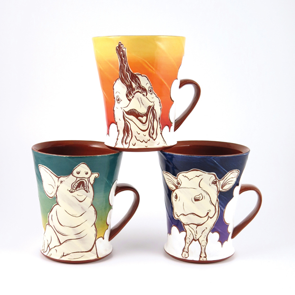 Kip O’Krongly’s Farm Animal Trio, to 5¾ in. (15 cm) in height, earthenware, slips, underglaze, and terra sigillata, single fired to cone 04, 2016.
