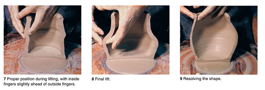 Image of pulling up the walls of a pot when throwing on the pottery wheel.