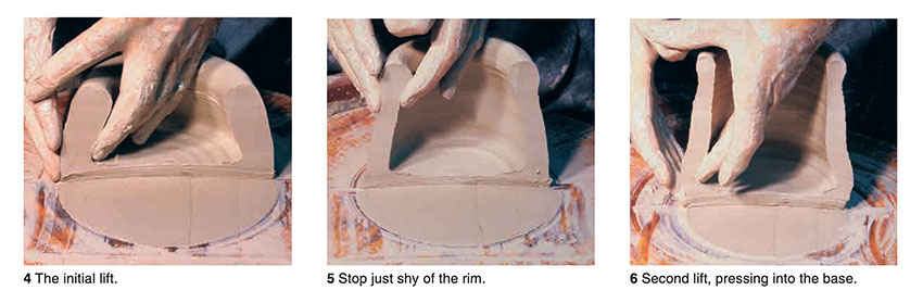 Image of the initial pulls after opening a lump of clay on the pottery wheel.