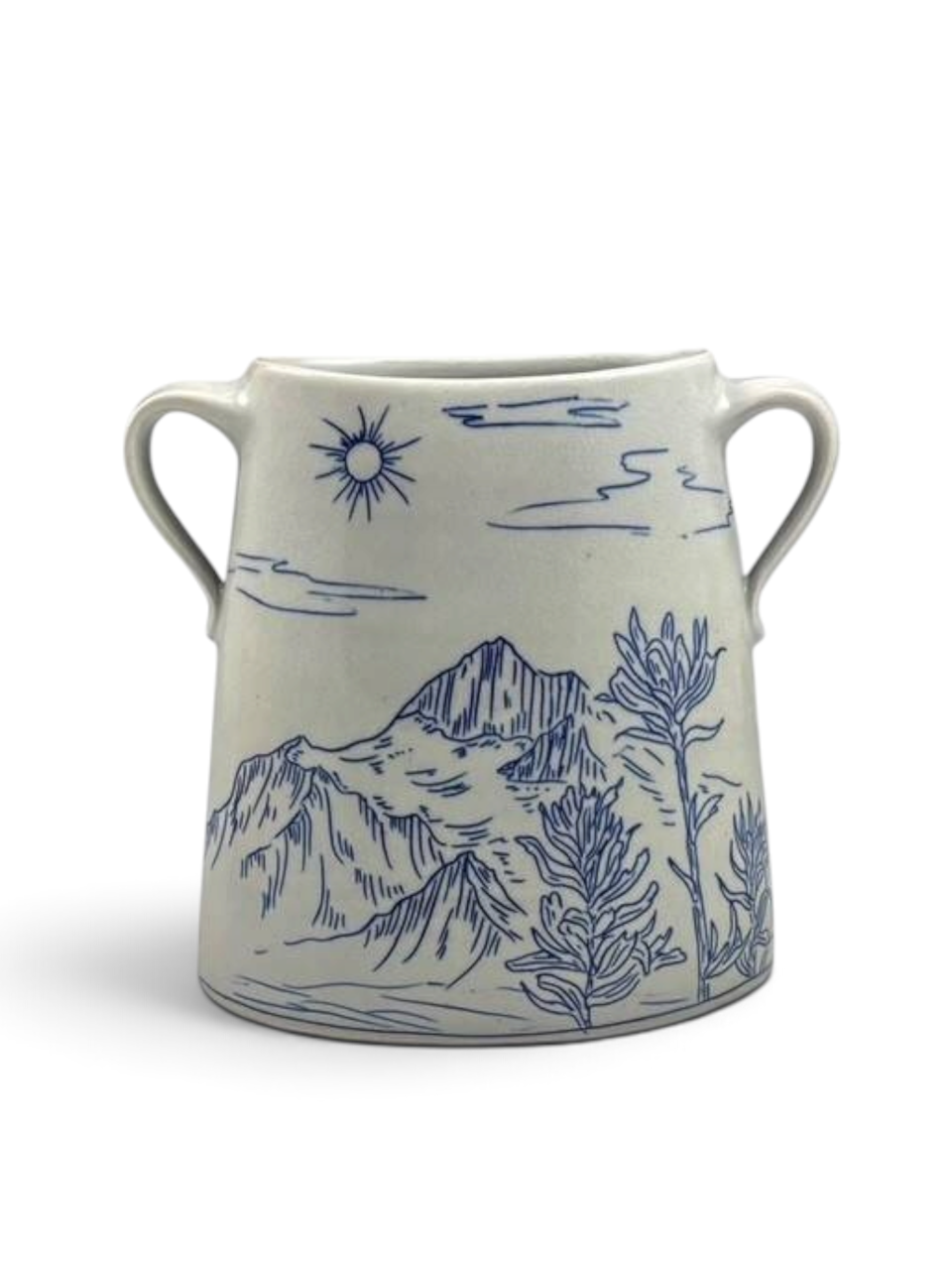 Image of blue and white vase with a landscape illustration by Ayla Mullen