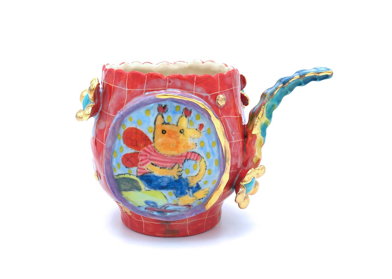 Chanakarn Semachai, Looking back at this new year resolution mug, 5.5 in. (14) in height, stoneware, underglaze, glaze, fired to cone 6 in oxidation, luster.