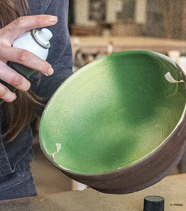 3 Spray underglaze over the slip. I used Amaco’s Sprayz, but thinned underglaze in a sprayer will work. Then bisque ﬁre.