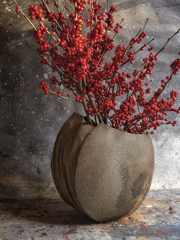 Moon Phase Vase with winterberries, 101/2 in. (27 cm) in height, stoneware, natural-ash glaze.