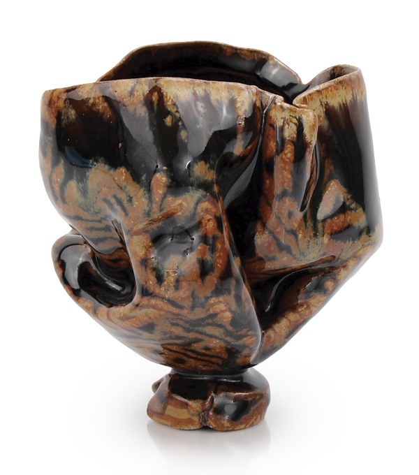 Scott Jones' Crumpled Cup, 4½ in. (11.4 cm) in height, handbuilt stoneware, HydroGlaze Dipped Decal (Woven Pattern), fired in reduction to cone 10 in a soda kiln, 2025.