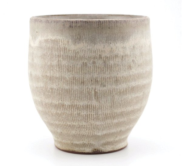 Brian Westrick's Yunomi, 3½ in. (8.9 cm) in height, wheel thrown red stoneware, applied surface texture, poured white glaze, white liner glaze, fired in oxidation to cone 6, 2025.