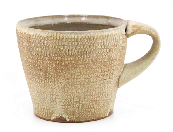 Brian Westrick's Mug, 3½ in. (8.9 cm) in height,  wheel thrown red stoneware, applied surface texture, poured white glaze, white liner glaze, fired in oxidation to cone 6, 2024.