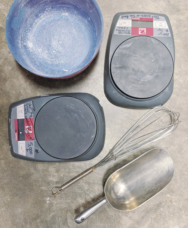 1 Scales, whisk, and sieves for mixing test batches and large quantities of glaze.