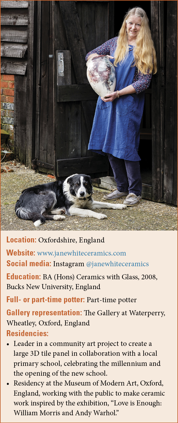 Meet Jane White sidebar. Image of Jane White standing, holding a finished vase, with a black and white dog laying on the ground at her feet.