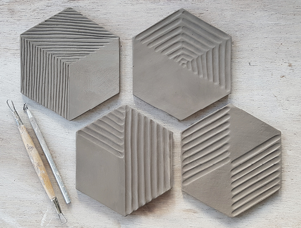 8 There are countless combinations to explore, so start by playing with how you section off your tiles and experiment with different loop and carving tools to create a variety of patterns.
