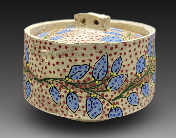 Stout lidded jar, 7 in. (17.8 cm) in width, handbuilt stoneware, terra sigillata, underglazes.