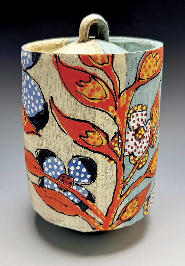 Jar, 10 in. (25.4 cm) in height, handbuilt stoneware, terra sigillata, underglazes.