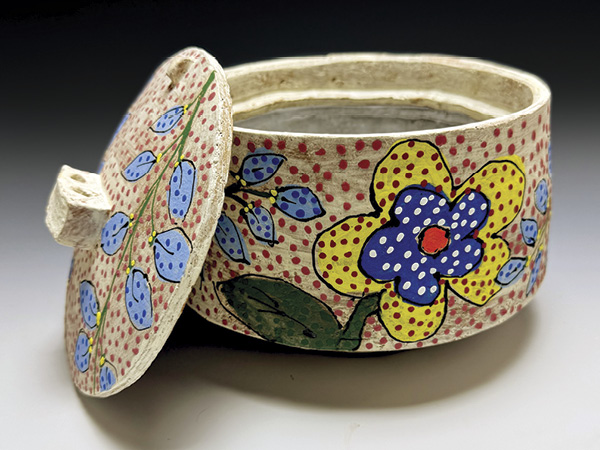 Stout lidded jar, 7 in. (17.8 cm) in width, handbuilt stoneware, terra sigillata, underglazes.