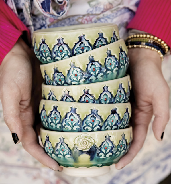 Lindsay Scypta's Stack of ice cream bowls. If the pattern doesn’t meet perfectly, embellish that space with a sprig. It’s a simple reminder that our imperfections can be just as successful and interesting, while presenting opportunities for play.