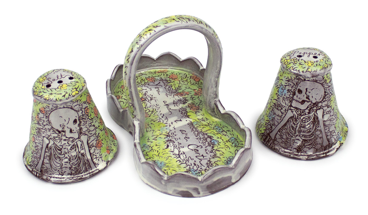 You and I are Earth (Salt and Pepper Shakers), tray 9 in. (23 cm) in length, shakers to 4 in. (10 cm) in diameter, earthenware, slip, underglaze, cone-5 clear glaze, 2024.