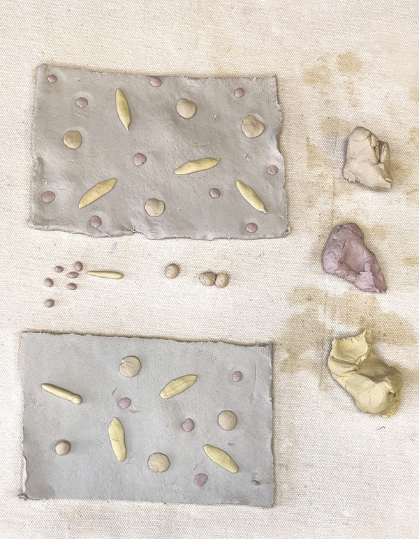 2 Arrange colored clays on the slabs, to create a visually dynamic inlay pattern.