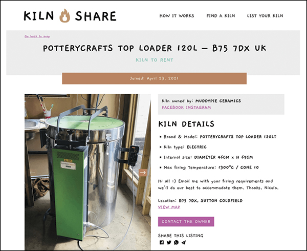A kiln listing page on Kiln Share.