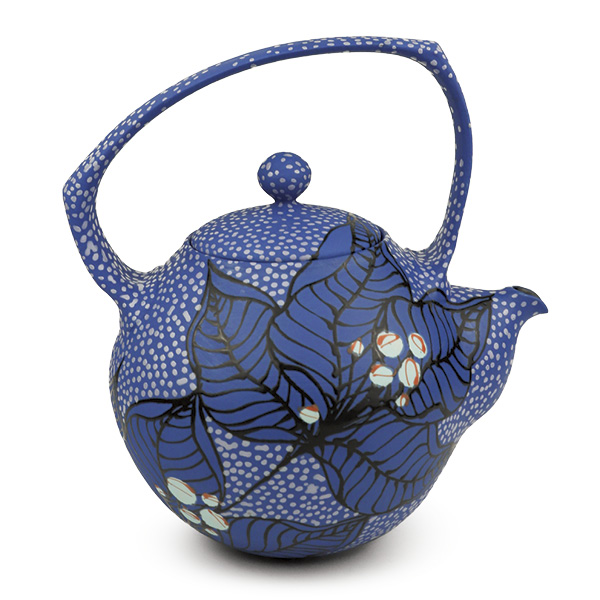 Olivia Avery's Blue Berried Teapot. 8 in. (20.3 cm) in height, Laguna B-Mix, glaze, underglaze, 2024.