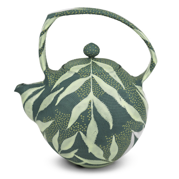 Olivia Avery's Lime Leaf Teapot. 8 in. (20.3 cm) in height, Laguna B-Mix, glaze, underglaze, 2024.