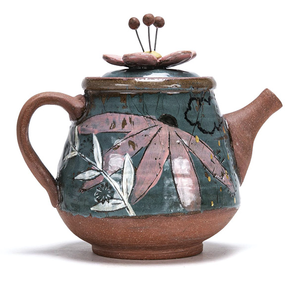 Alec Hoogland's Teapot, 71/2 (19 cm) in height. Red stoneware, colored slip, underglaze transfers, fired in an electric kiln to cone 4, lusters.