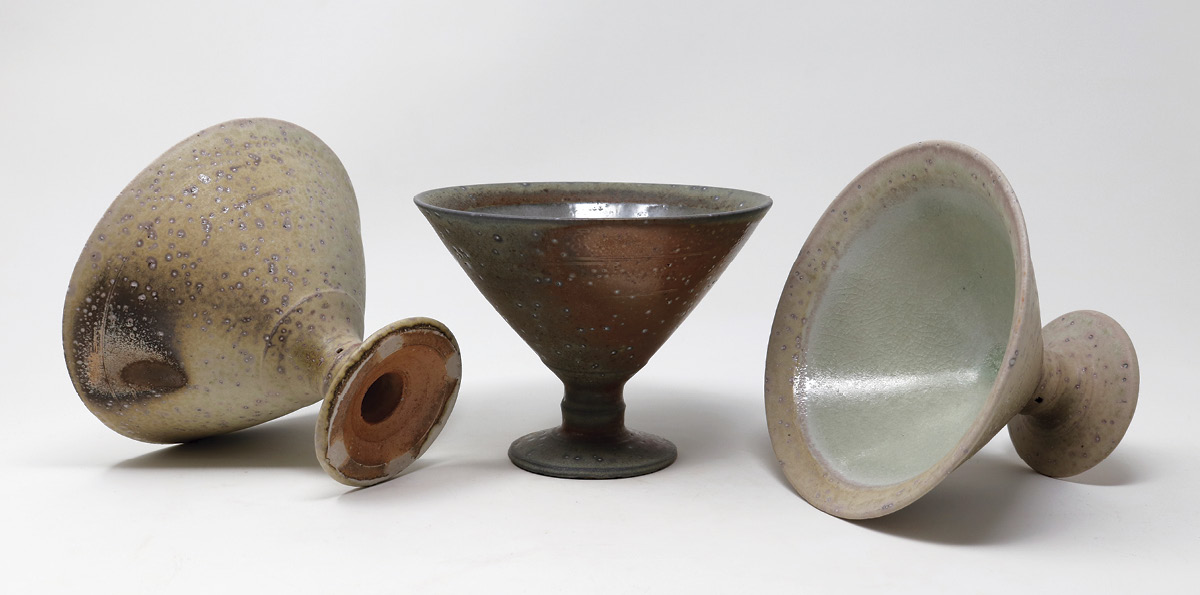 Carter Pasma's Martini glass views, left to right: bottom, side, and interior, to 5 in. (12.7 cm) in height, high-alumina porcelaneous stoneware, fired to cone 10 in a soda kiln, reduction cooled.