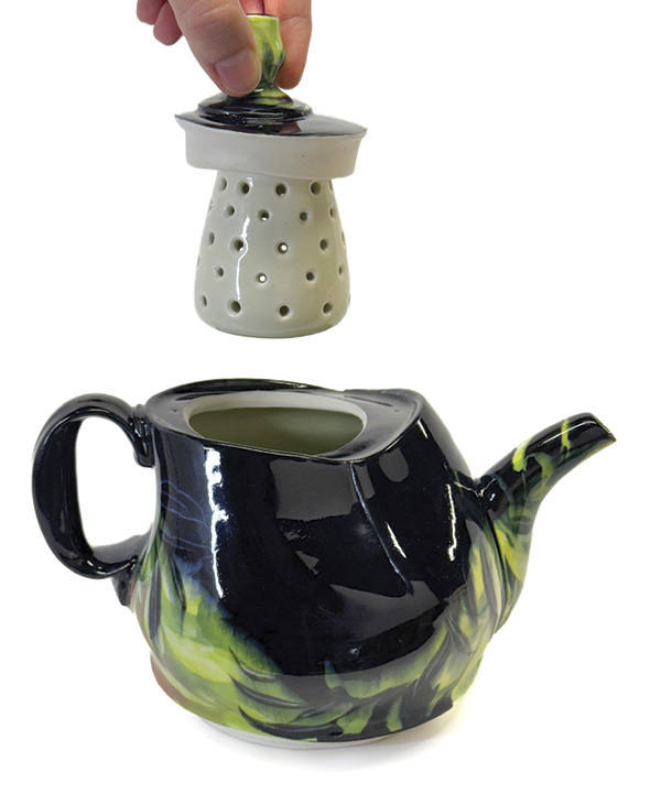 Taylor Sijan's Teapot with strainer, 6 in. (15.2 cm) in height, porcelain, underglaze, 2021.