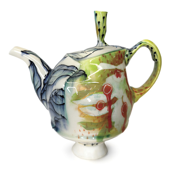 Taylor Sijan's Footed teapot, 8 in. (20.3 cm) in height, porcelain, underglaze, 2021.