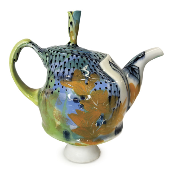 Taylor Sijan's Footed teapot, 8 in. (20.3 cm) in height, porcelain, underglaze, 2021.
