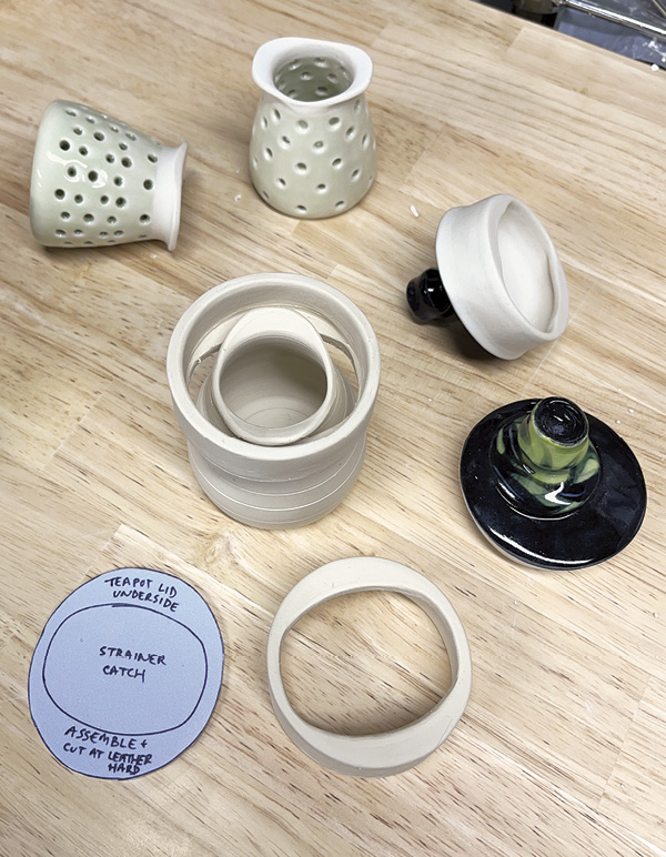 6 Join a thick slab ring and disk to make a strainer holder that attaches to the lid.