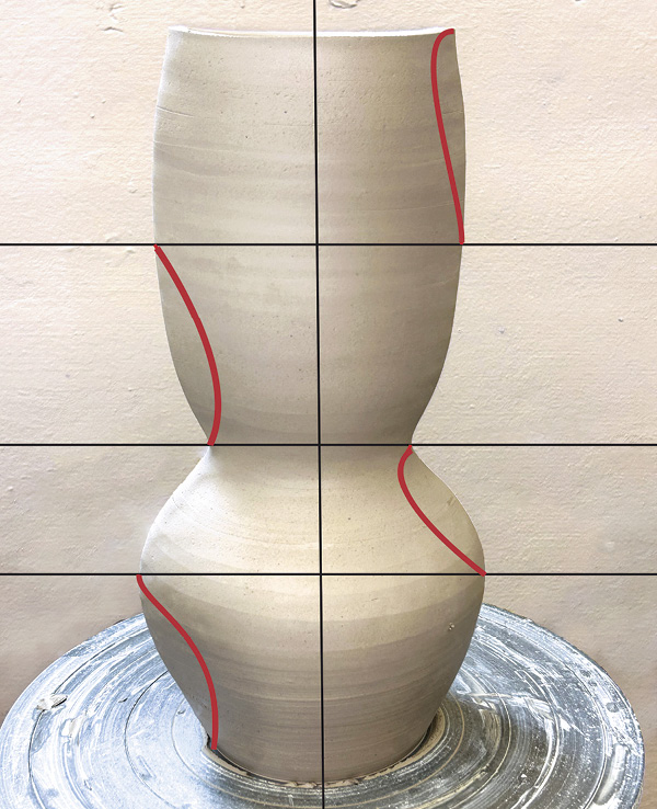 4 Divide visually at its widest and narrowest points and decide bend areas (red).
