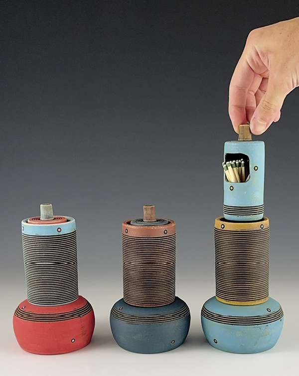Three match strikers, to 61/2 in. (6.5 cm) in height, stoneware, terra sigillata, underglaze, glaze, fired to cone 6.