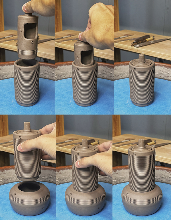 13 The small cylinder should fit inside the larger one now and the 2 cylinders together should fit on top of the base like a lid. Some of the intricate fitting details take time and constant measuring to make all the parts line up correctly.