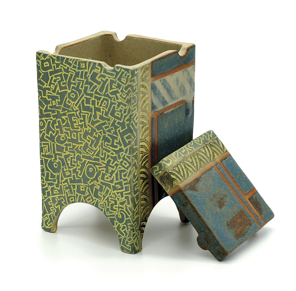 Handbuilt box with hangul carvings, 4⅛ in. (10.5 cm), in height, Potclays Premium Sanded Buff clay body, terra sigillata, underglaze, high-fire glaze, 2023.