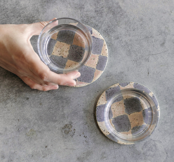 Finished coasters, shown in use.
