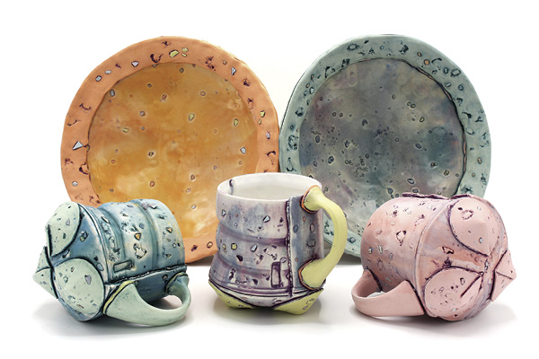 Mugs and bowls, mugs 51/2 in. (14 cm) in height each, bowls 9 in. (23 cm) in diameter each, white stoneware, underglaze, Mason stain, liner glaze, Amaco cone-6 clear glaze, fired to cone 6 in an electric kiln, 2022.