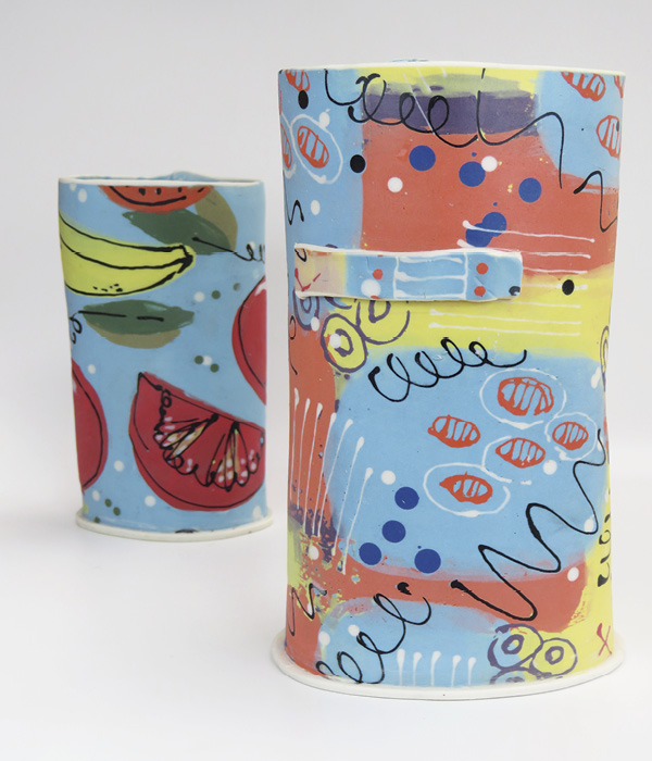 Donna Bloye's finished vessels. Three coats of Mayco Stroke and Coat are applied to the internal walls using a brush. The external walls are left unglazed, but are sealed with two coats of HG Tile Protector. I apply the tile protector with a chamois leather cloth and allow it to dry between coats.