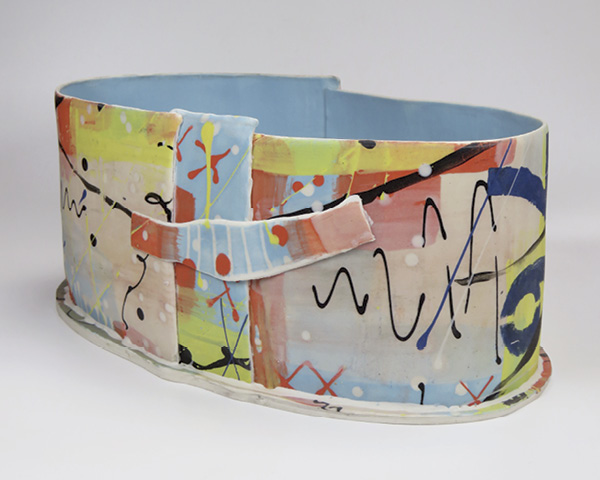 Donna Bloye's finished vessel. Three coats of Mayco Stroke and Coat are applied to the internal walls using a brush. The external walls are left unglazed, but are sealed with two coats of HG Tile Protector. I apply the tile protector with a chamois leather cloth and allow it to dry between coats.