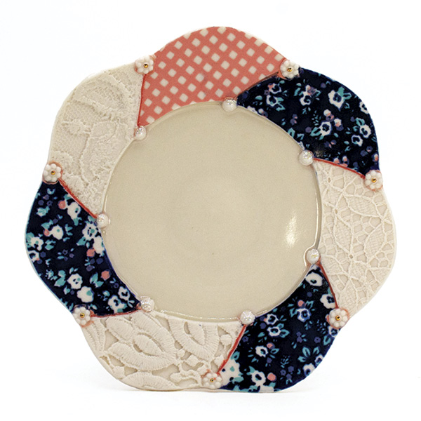 Blue Floral and White Lace Quilted Dessert Plate, 6 in. (15 cm) in diameter, cone-6 porcelain, underglazes, gloss liner glaze, Mayco Stroke & Coat coral gloss, gold and mother-of-pearl luster, 2023.