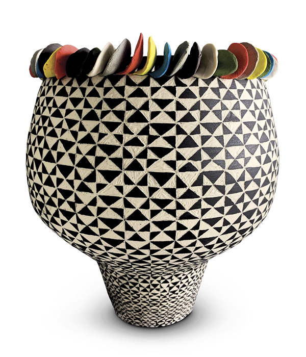 1 Bashar and Roula Jarjour's Rainbow 3, 10 in. (25 cm) in height, porcelain, underglaze, sgraffito, fired to cone 6, 2023.