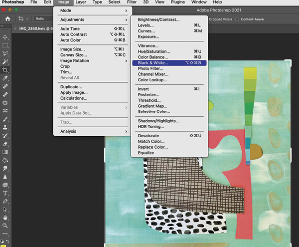 6 Open a photo of the collage in Adobe Photoshop. Change the image to black and white so you only see shapes and textures.