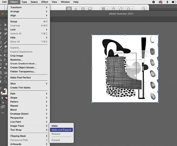 7 Copy the black-and-white file into Adobe Illustrator. Click “Make and Expand” and clean it up to further simplify the shapes.
