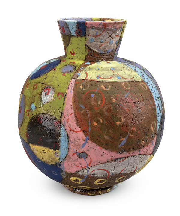 Barbara Wolf's Vase, 9 in. (23 cm) in height, handbuilt and coiled earthenware, underglazes, Stephenson slips, black-copper/Gerstley borate wash, low-fire crawling glaze, fired to cone 04, 2023.