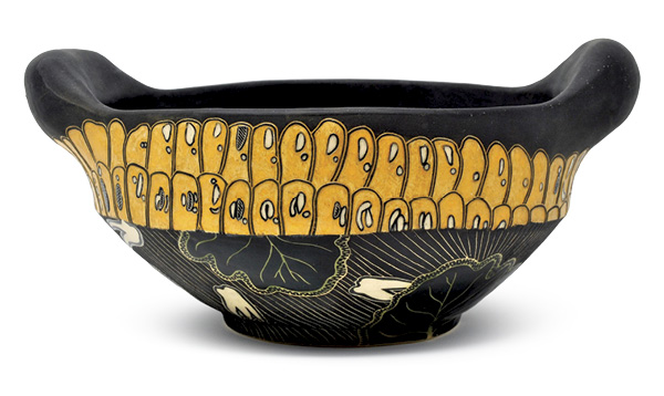 Kimberly LaVonne’s Maiz Bowl, 11 in. (28 cm) in length, handbuilt, sgraffito, glazes, fired to cone 6, 2022.